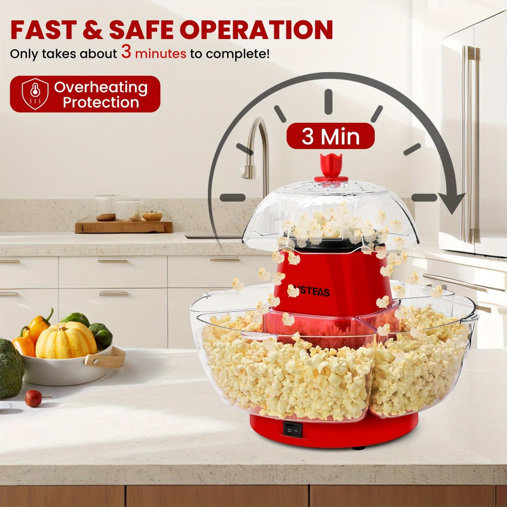 Hot Air Popcorn Maker with 4 Bowls ¨C Oil-Free Electric Popcorn Machine 95% Pop Rate Ready in 3 Min | Portable Popcorn Popper for Movie Night Family Gatherings Parties Home Theater Kitchen Use Red