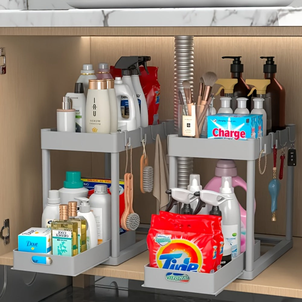 Under Sink Organizer 2pcs Double Tier Sliding Storage Basket with 8 Hooks ¨C Kitchen Bathroom Cabinet Rack Shelf
