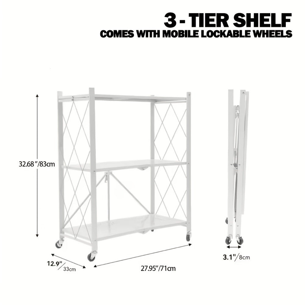 Foldable Storage Rack with Lockable Wheels 3 4 5 Tier Carbon Steel No Assembly Space Saving Floor Standing Shelf for Bedroom Balcony Garden