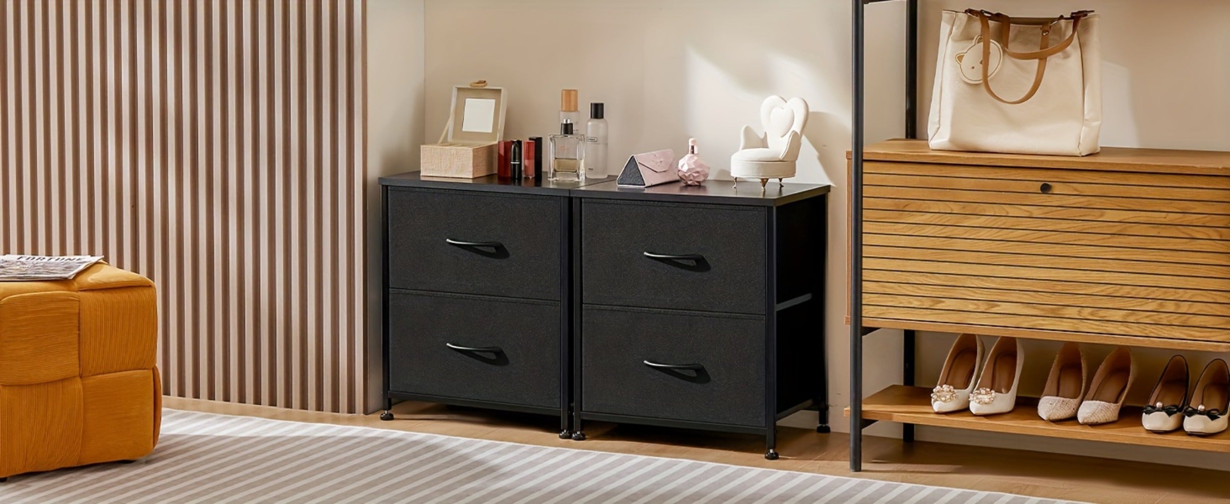 Nightstand with 2 Storage Drawers, 20¡± Bedside Table with Wooden Top & Fabric Cabinet, Steel Frame Mini Dresser for Bedroom, Dorm, Living Room ¨C 1pc or Set of 2pcs, Black White Grey Rustic Brown