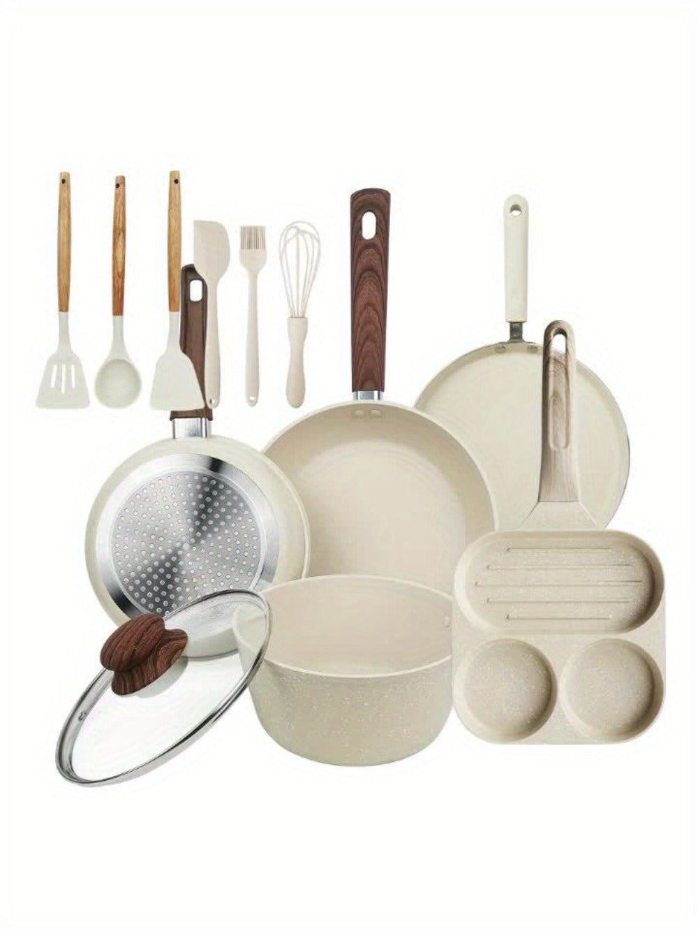 Non-Stick Cookware Set 7 12 & 15 Piece Induction Compatible ¨C Frying Pan Steamer Silicone Spatula & Tongs | Complete Pots and Pans Cooking Set | Perfect Wedding Housewarming Gift for Friends