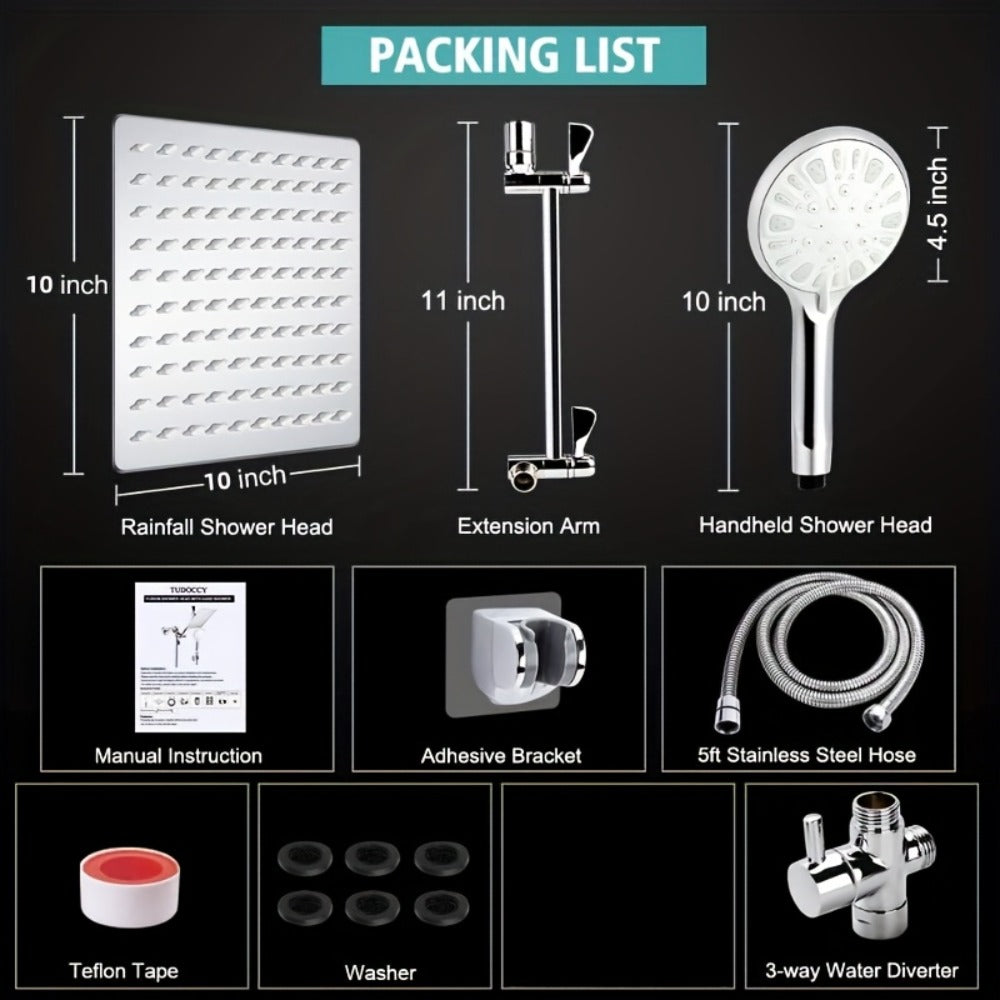 Rainfall Handheld Shower Combo 9-Setting ¨C High Pressure 11¡± Extension Arm Leak-Proof Wall Mount 8 10 12 Inch Chrome Black
