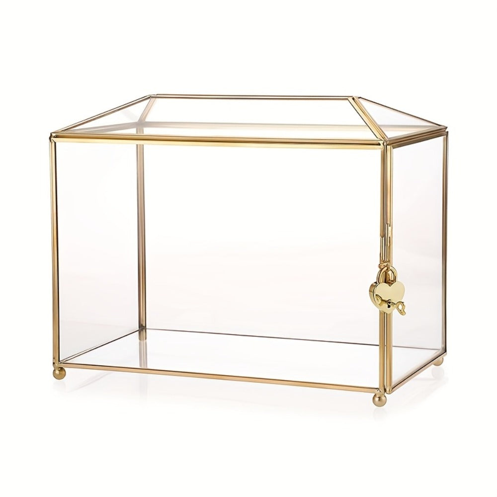 Wedding Card Box with Lock Glass Gold Transparent Slot Lid 10.2x5.9x8.3 In Holds 100 Cards for Wedding Baby Shower Birthday Party