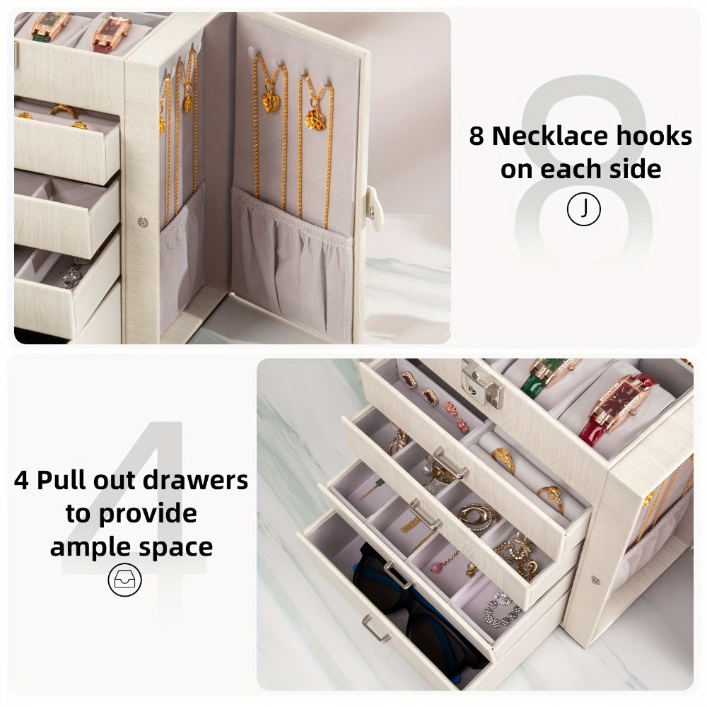 Large Jewelry Box 5-Tier PU Leather Organizer with Lock & Mirror ¨C Storage Case for Bracelets, Earrings, Rings & Necklaces