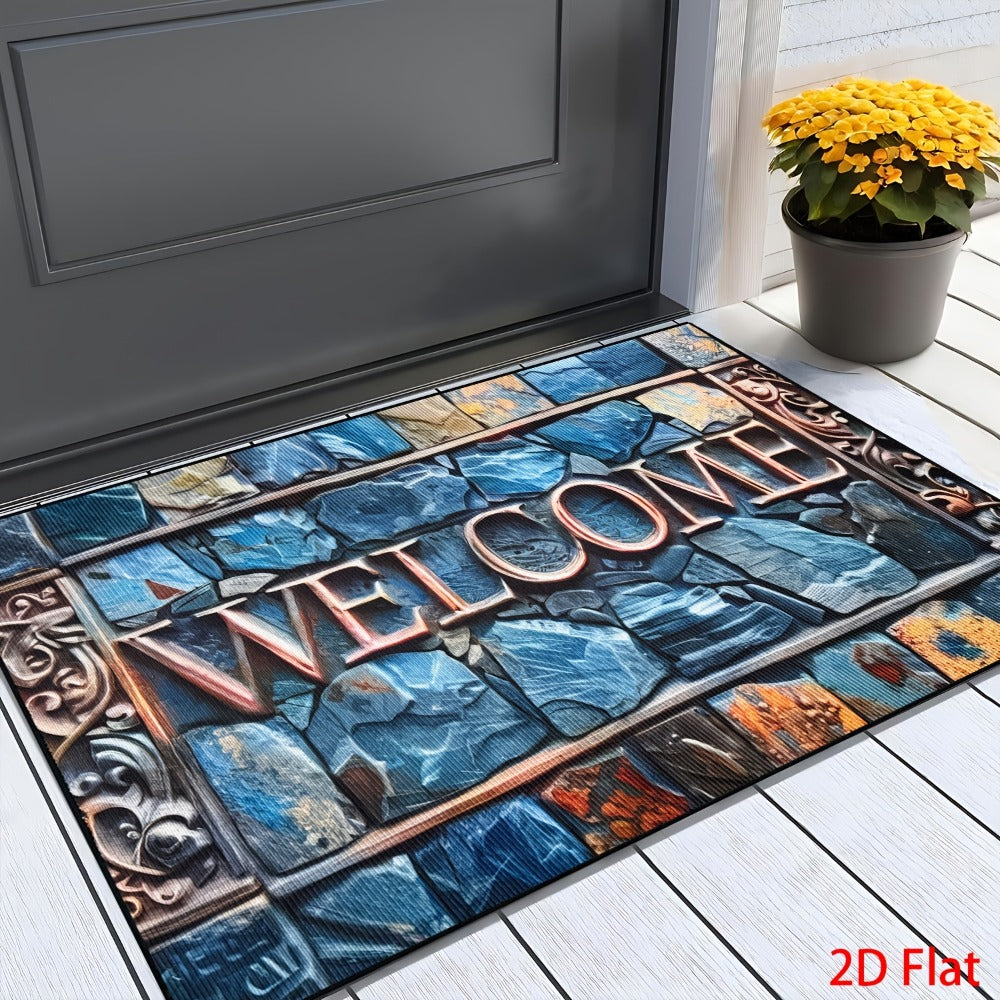 Non-Slip Welcome Doormat Stone Pattern Entrance Carpet Indoor Outdoor Floor Mat