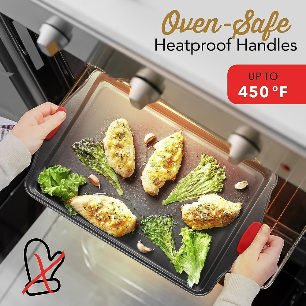 Nonstick Baking Pan Set of 3, Carbon Steel Baking Sheets with Red Silicone Handles, Double-Sided Non-Stick Coating, Oven & Toaster Safe, Professional Bakeware for Home & Commercial Kitchen Use
