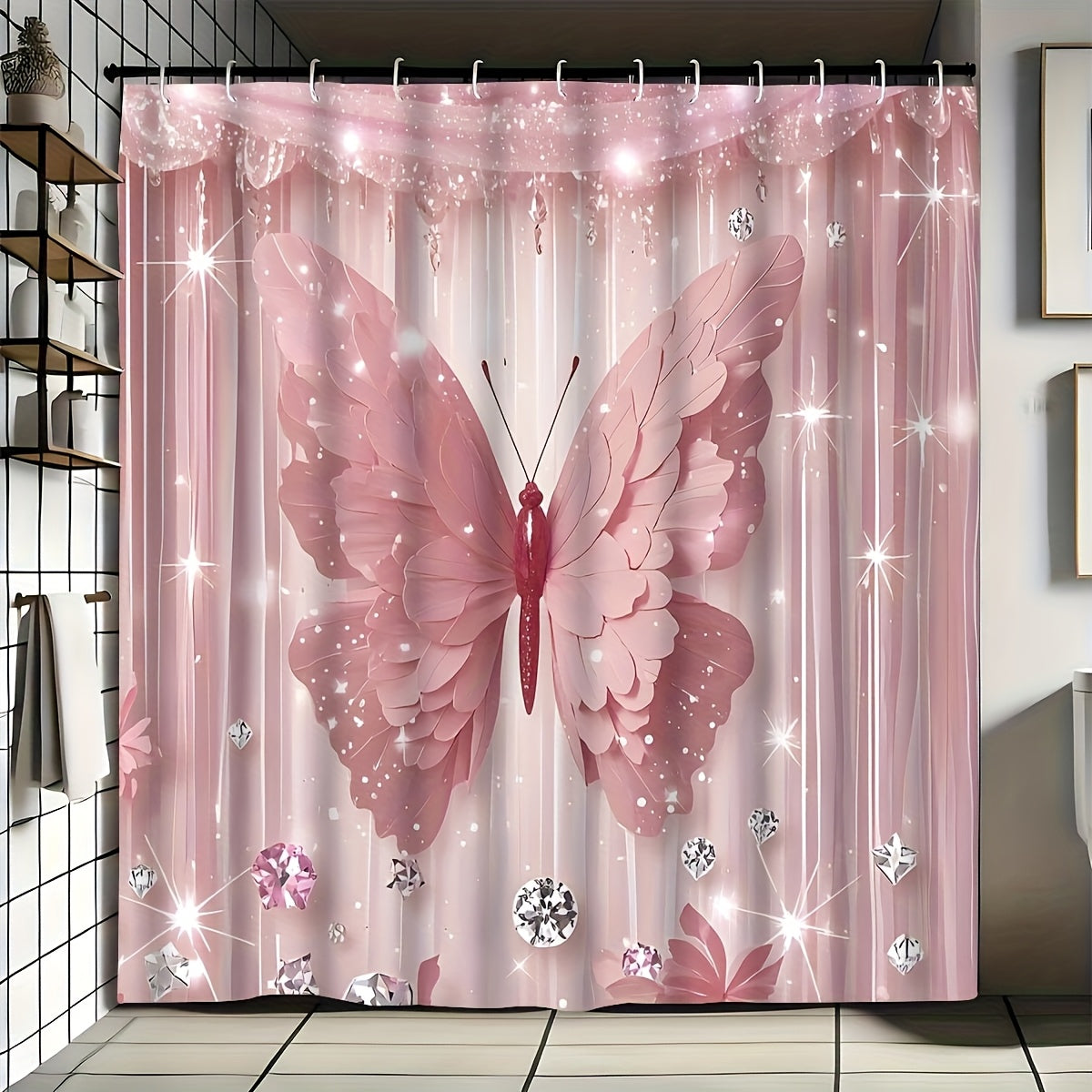 Shower Curtain Set Diamond Butterfly Print 70.8x70.8 Inch - 4 Piece Bathroom Set with U-Shape Toilet Seat Cover Non-Slip Rug 12 Hooks Machine Washable | Cyan Purple Pink | All Season Bathroom Decor