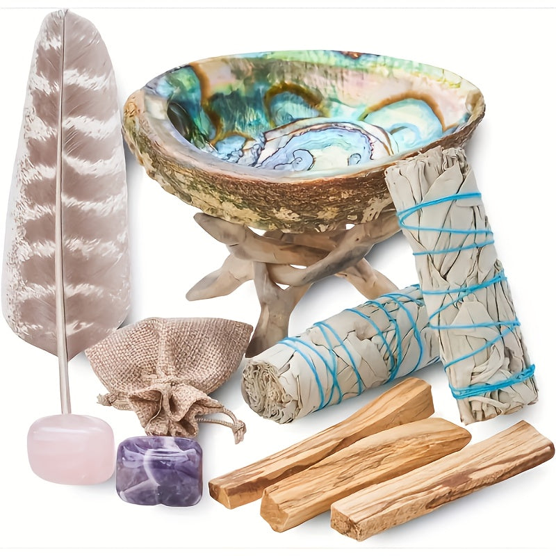 White Sage Smudge Kit 11pcs ¨C 2 White Sage Bundles, 3 Palo Santo Sticks, Abalone Shell with Stand, Crystal Stones ¨C Spiritual Cleansing Gift Set for Home, Meditation & Ritual Decor
