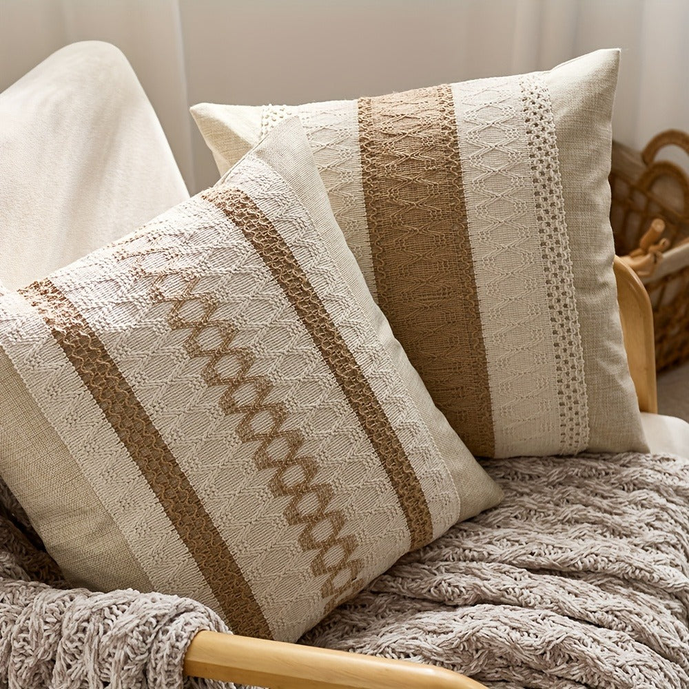 Throw Pillow Covers 2 Pack Boho Geometric Brown Beige 18x18 ¨C Bohemian Decorative Pillow Cases with Zipper Closure ¨C Soft Polyester Cushion Covers for Sofa Couch Bedroom Living Room Boho Home Decor