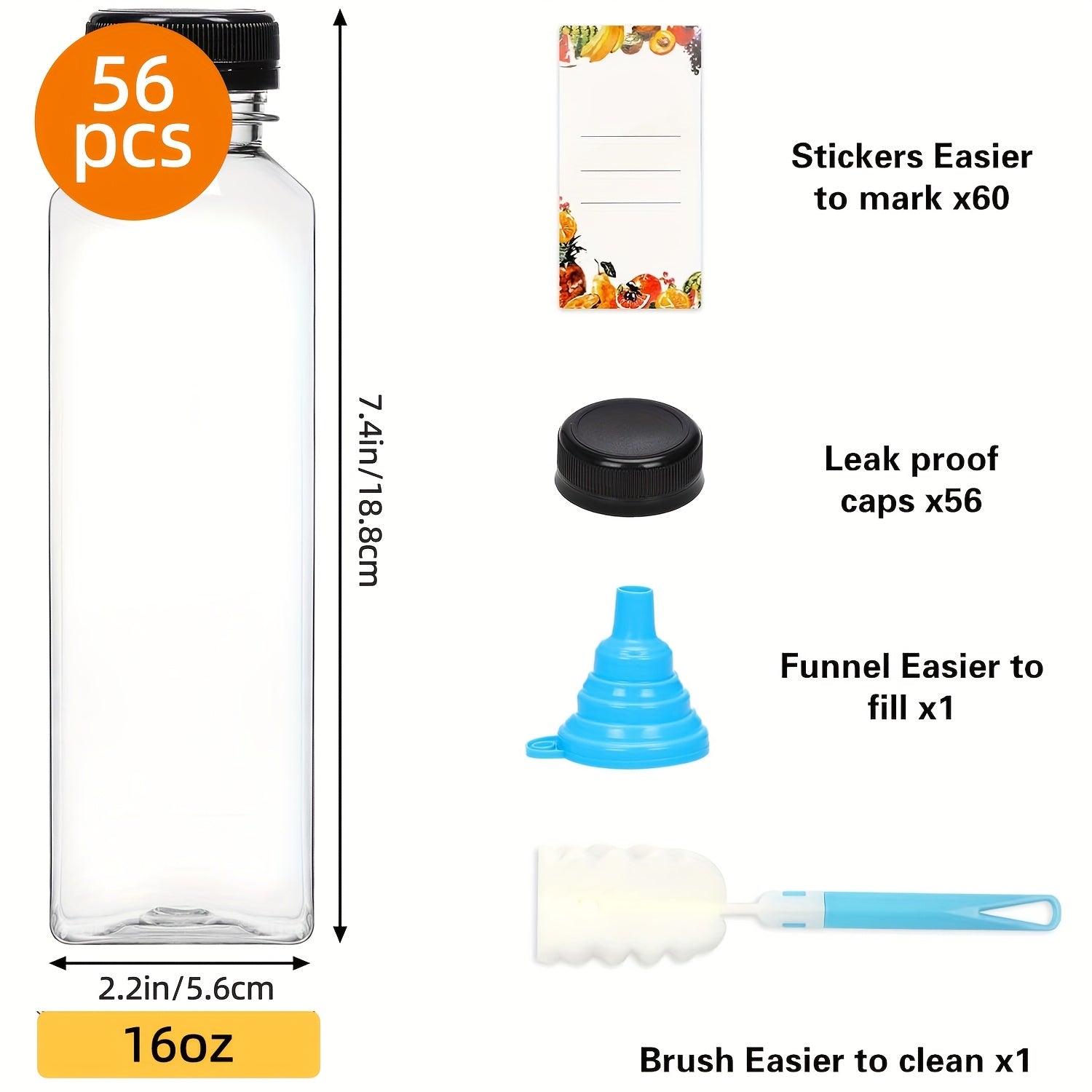 Plastic Juice Bottles with Lids - Clear Reusable Drink Containers for Juice Smoothies Water and Beverages, Available in 12oz and 16oz in Sets of 20, 36, 56 or 100, Includes Funnel and Cleaning Brush