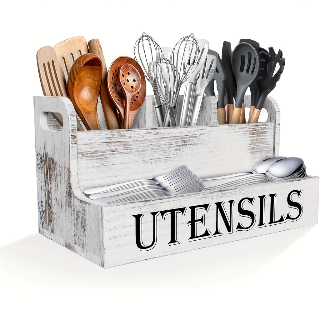 Kitchen Utensil Organizer Extra Large 4 Compartments Wooden Countertop Crock Farmhouse Rustic Cooking Utensil Holder for Kitchen in White and Black