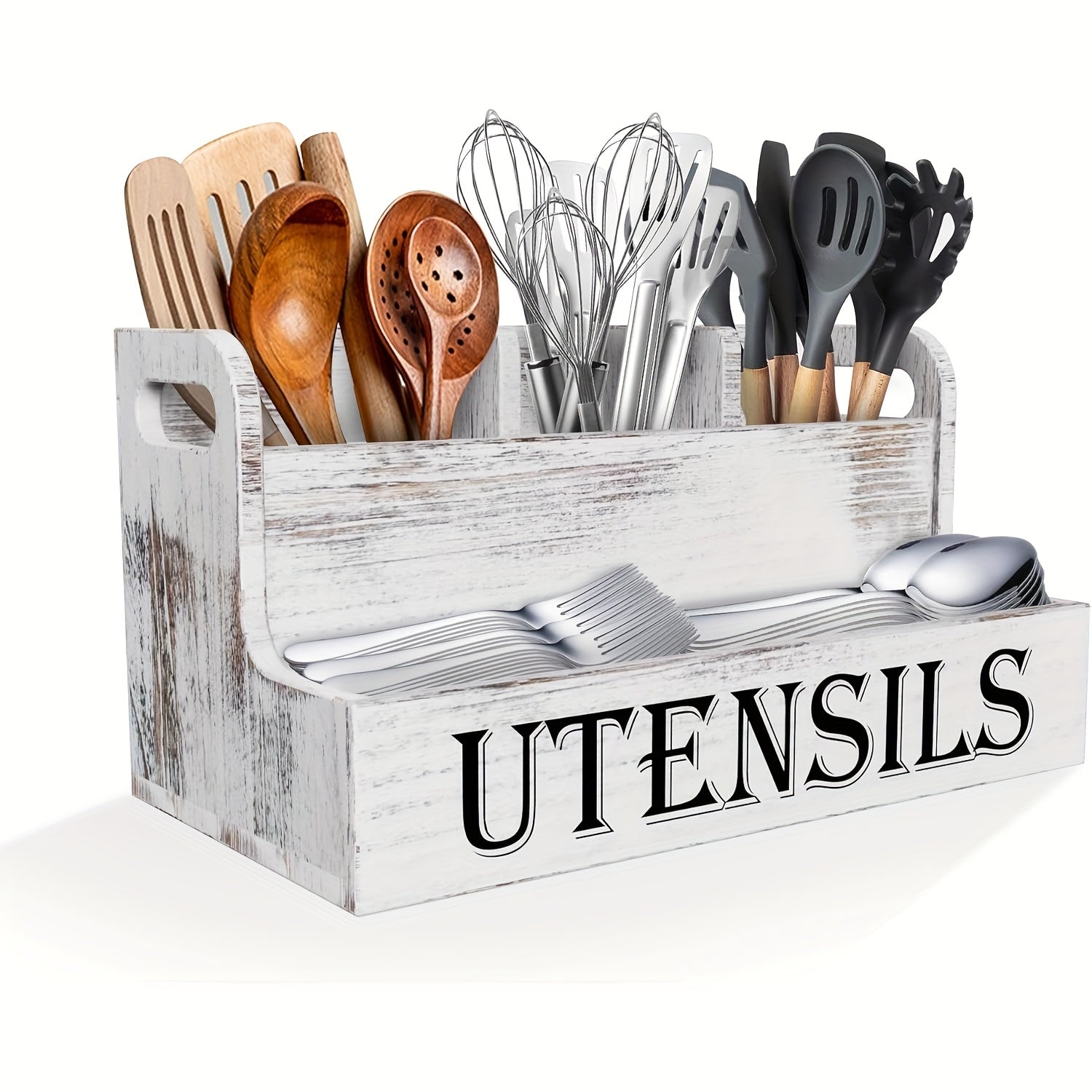 Kitchen Utensil Organizer Extra Large 4 Compartments Wooden Countertop Crock Farmhouse Rustic Cooking Utensil Holder for Kitchen in White and Black
