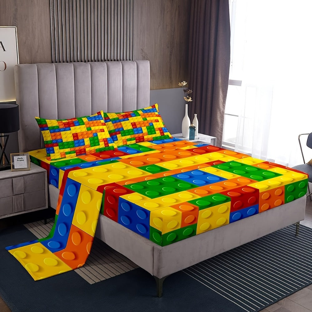 Game Themed Bed Sheet Set 3/4pcs, Colorful Building Block Design Bedding for Twin Full Queen King, Fitted Sheet Flat Sheet Pillowcase for Kids Adults Men Women Bedroom