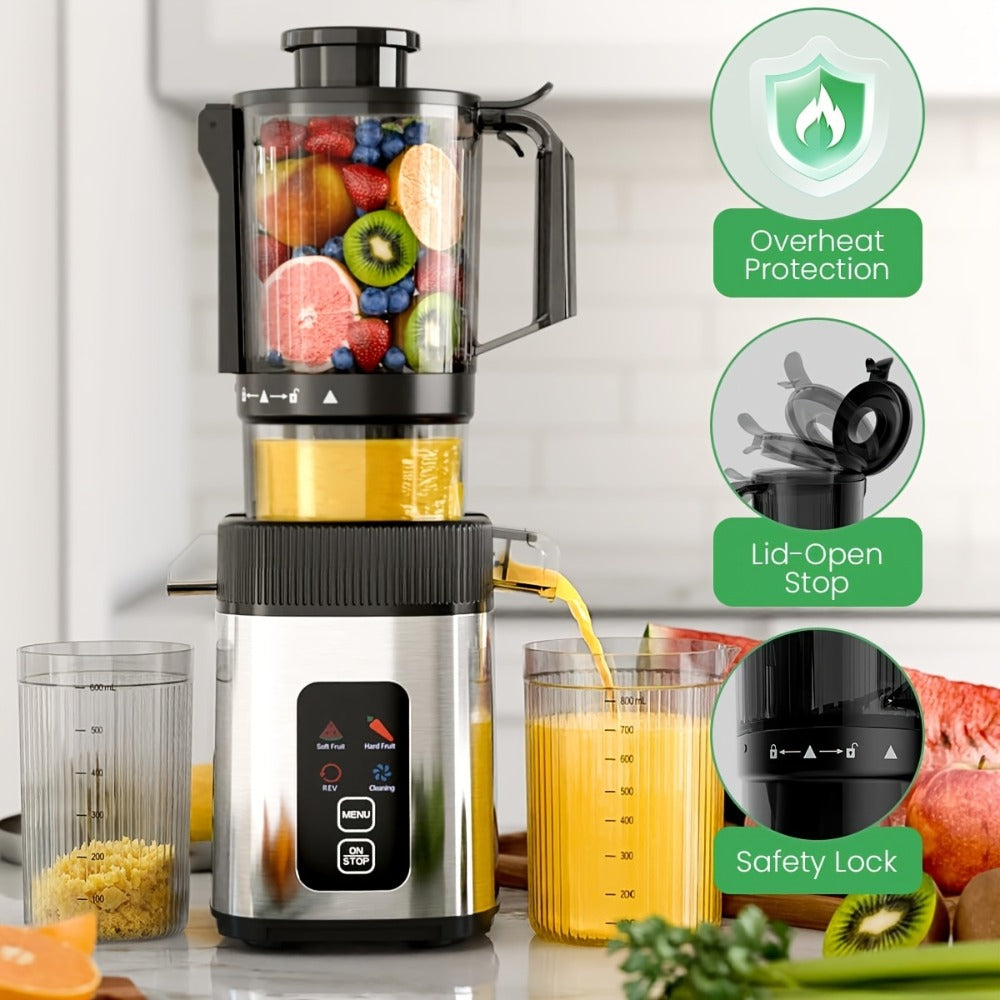 Cold Press Juicer Machine with Large Feed Chute - Slow Masticating Juicer for Whole Fruits & Vegetables, High Juice Yield, Easy to Assemble & Clean, LED Display Option, Silver, for Home & Kitchen