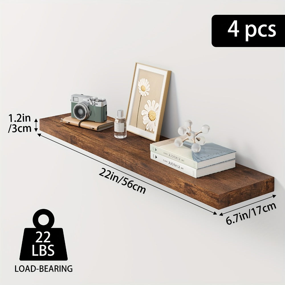 Floating Shelves Wall Mounted Set of 4 - 22 Inch Wall Shelves with Invisible Brackets for Bathroom Living Room Bedroom Kitchen Decor, Walnut Black White White Oak Light Brown