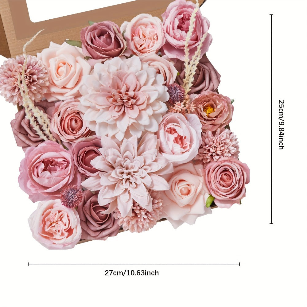 Pink Rose Dahlia Faux Flowers Box - Realistic PE Foam Artificial Flowers with Wire Stems for Wedding Bridal Bouquet Home Decor Table Arrangement Party Cake Baby Shower Birthday Decoration