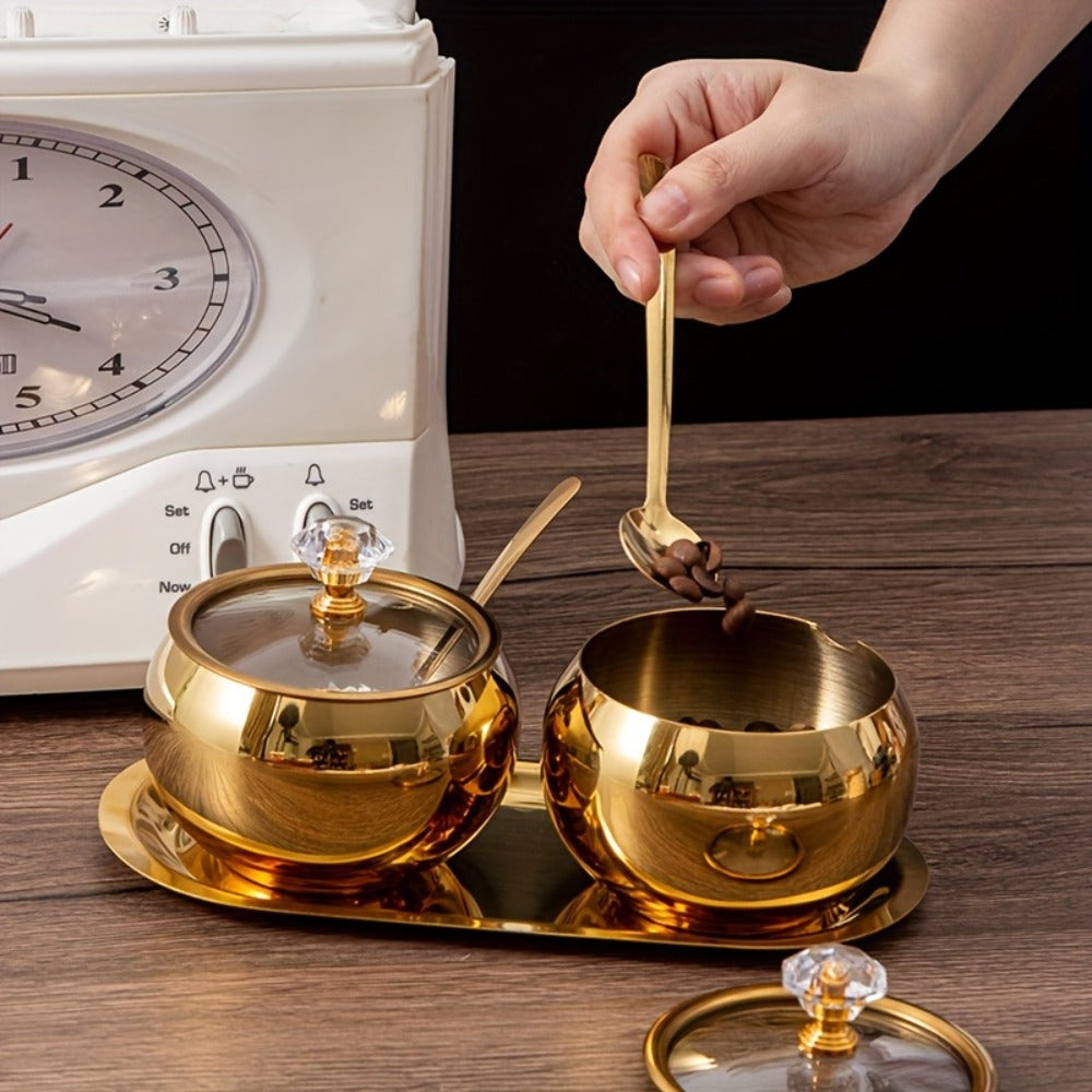 Golden Stainless Steel Seasoning Jar Set 2 or 3pcs Spice Containers with Lid and Spoon Serving Tray for Pepper Salt Spices Candy Coffee Beans Kitchen Organizer