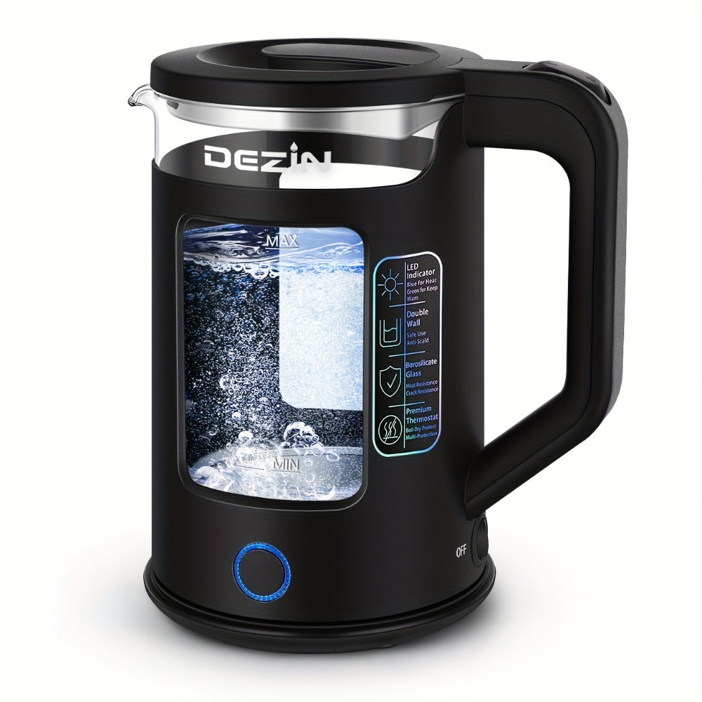 Glass Electric Kettle with Blue LED Light ¨C 1.5L Borosilicate Glass Water Boiler, Auto Shut-Off & Boil-Dry Protection, Fast Heating Hot Water Kettle for Tea & Coffee ¨C Azure, Black