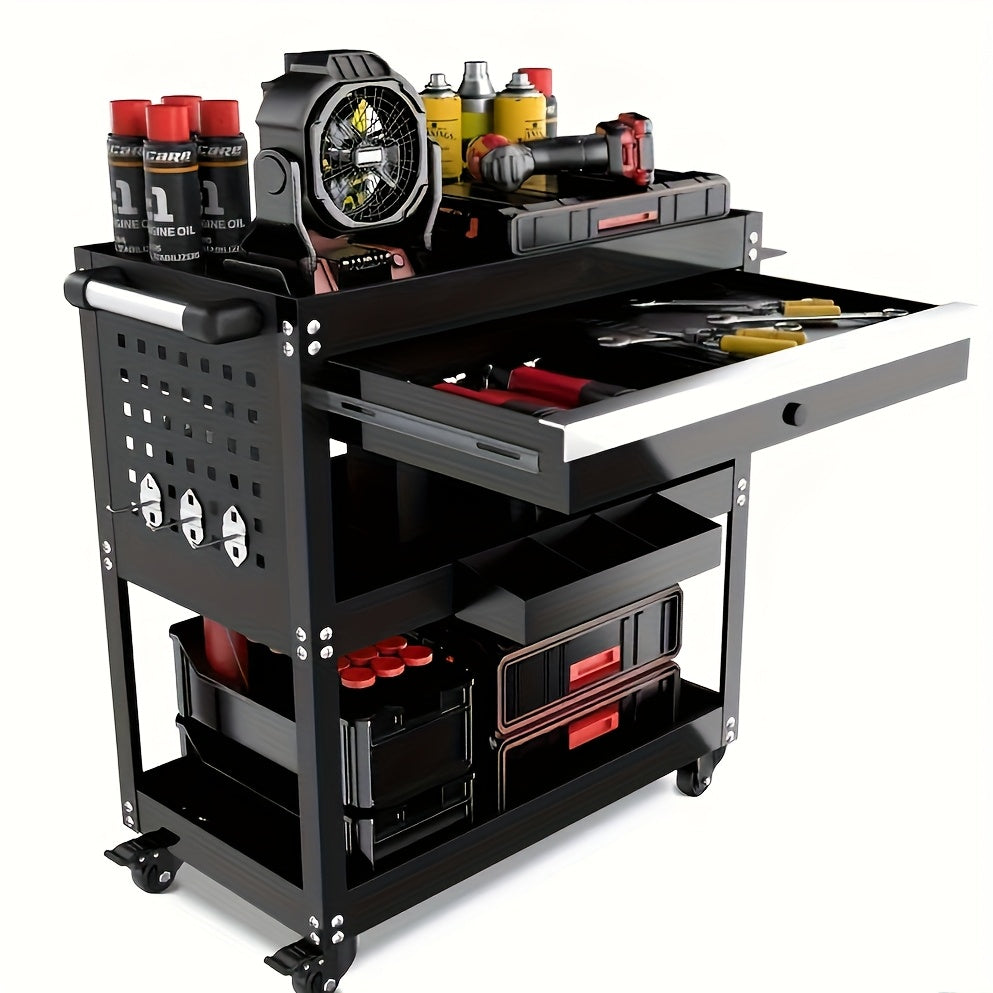 Rolling Tool Cart 3-Tier Heavy Duty 330 LBS Capacity Pegboard Organizer Locking Drawer 4 Swivel Casters for Garage Workshop Mechanics Black Yellow