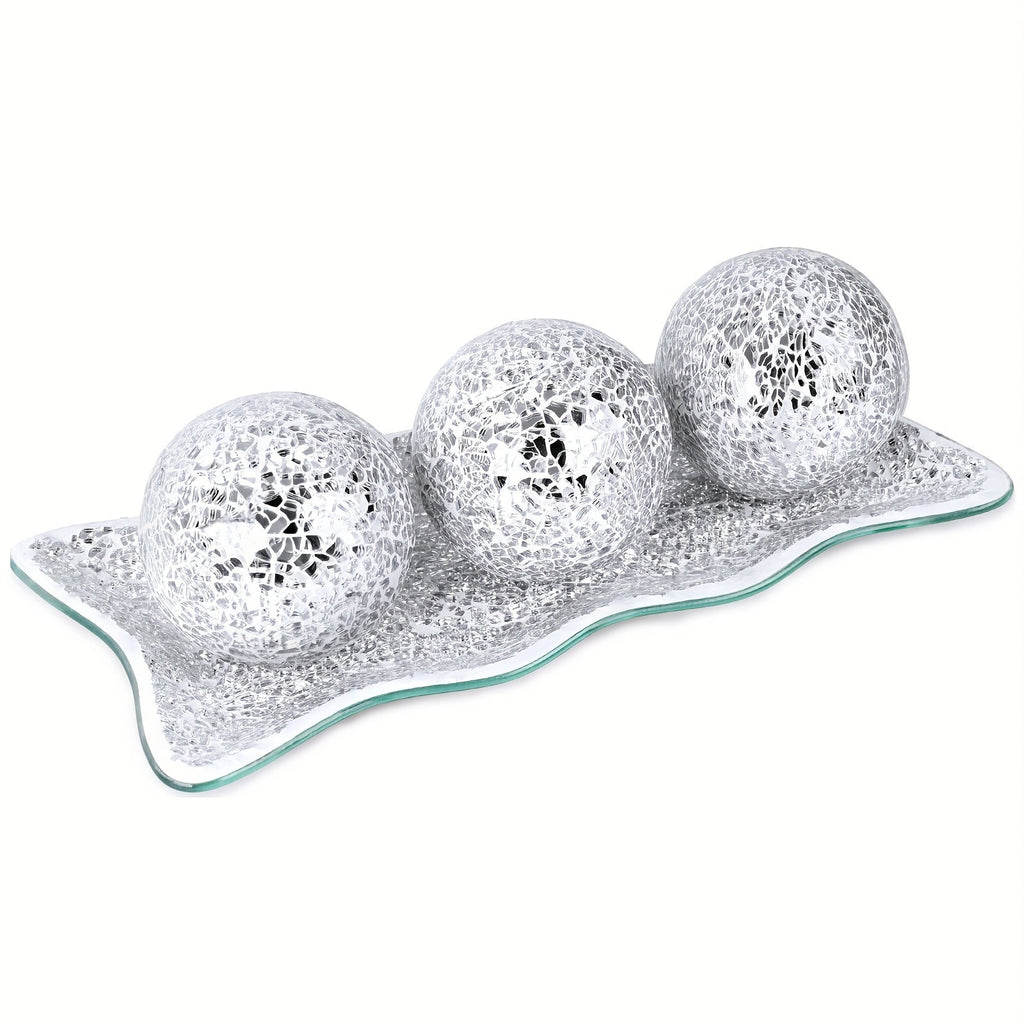 Decorative Glass Balls for Bowls 3 Inch Set of 3 with Glass Tray, Bowl Fillers Centerpiece Table Decorations for Home Decor Living Room Dining Coffee Table, Silver Black Gold Green