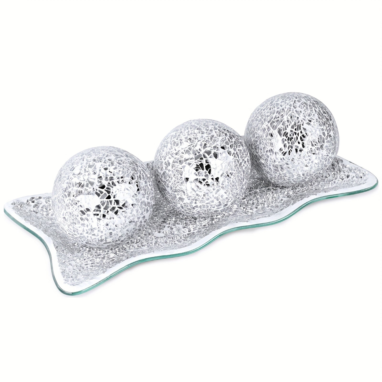 Decorative Glass Balls for Bowls 3 Inch Set of 3 with Glass Tray, Bowl Fillers Centerpiece Table Decorations for Home Decor Living Room Dining Coffee Table, Silver Black Gold Green