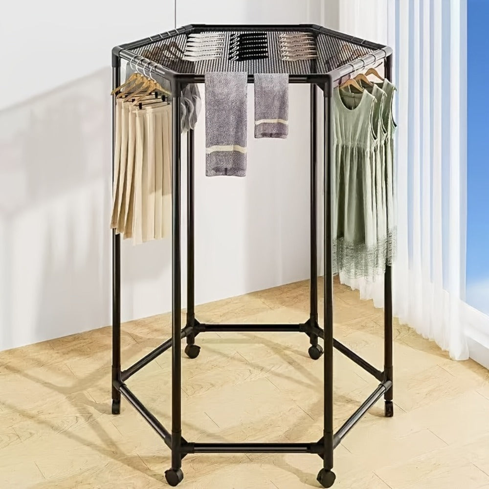 Rotating Clothes Rack Freestanding Vertical Clothing Hanging Rack Space Saving Laundry Rack with Mesh Bag Black White Rotatable Garment Rack for Small Apartment Bedroom Closet