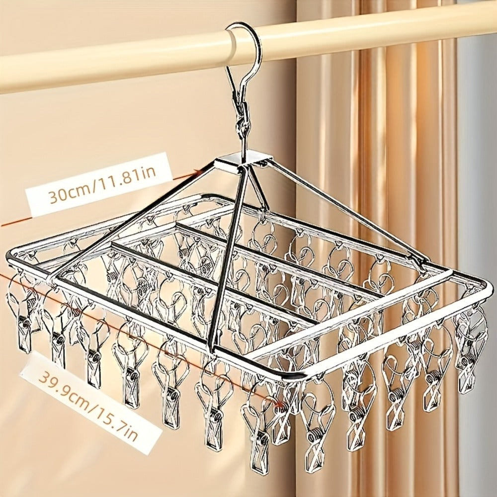Clothes Drying Rack with Clips Stainless Steel Laundry Hanger Windproof Skidproof Multi-Clip Sock Underwear Dryer for Home Bedroom Balcony ¨C 30/40/50 Clips