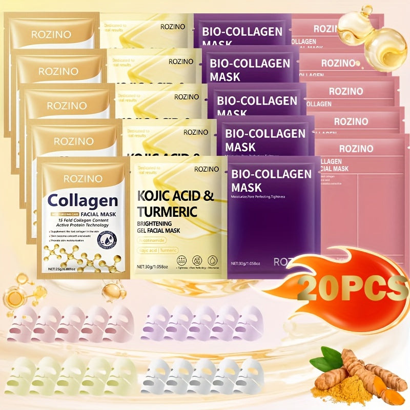 Bio-Collagen Powerful Moisturizing Face Mask Set 20pcs | Deep Hydration Anti-Aging Skincare for Dry Dull Sagging Skin | Facial Masks for Men and Women