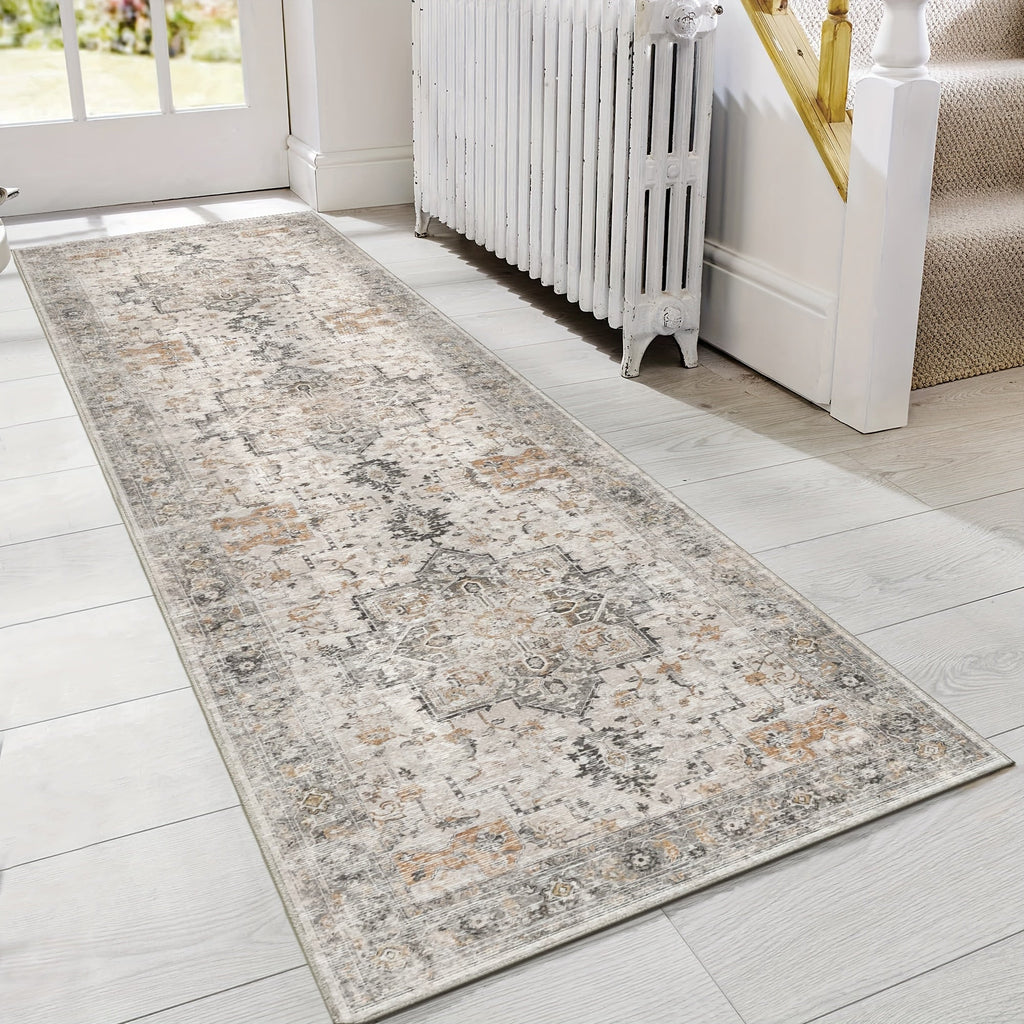 Vintage Chenille Area Rug Non-Slip Machine Washable ¨C Retro Print Lightweight Carpet for Living Room, Bedroom, Dining Area & Home Office ¨C Light Taupe Brown, 8 Sizes