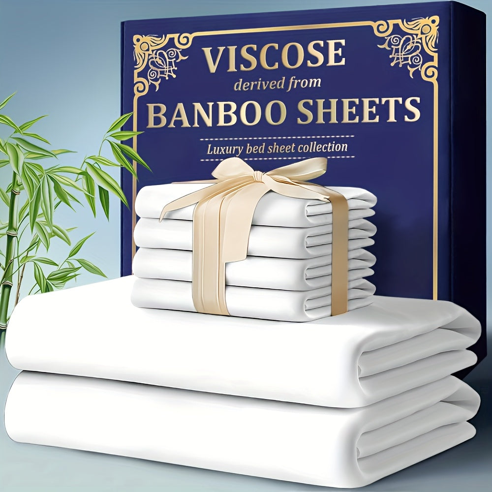 Bamboo Cooling Fitted Sheet Set 2300TC Deep Pocket All Season Bed Sheets | Ultra Soft Breathable Shrink-Resistant Flat Sheet Pillowcases Multiple Colors