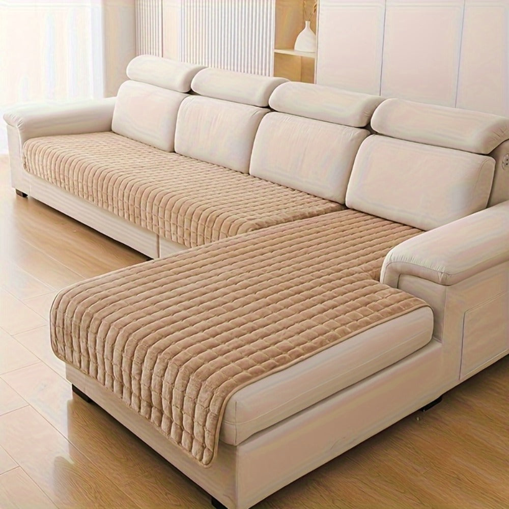 Quilted Flannel Velvet Sofa Cover 2pcs Set | Luxurious Jacquard Couch Cover, Soft Furniture Protector, Pet Friendly Machine Washable, All Season, Living Room Bedroom Office