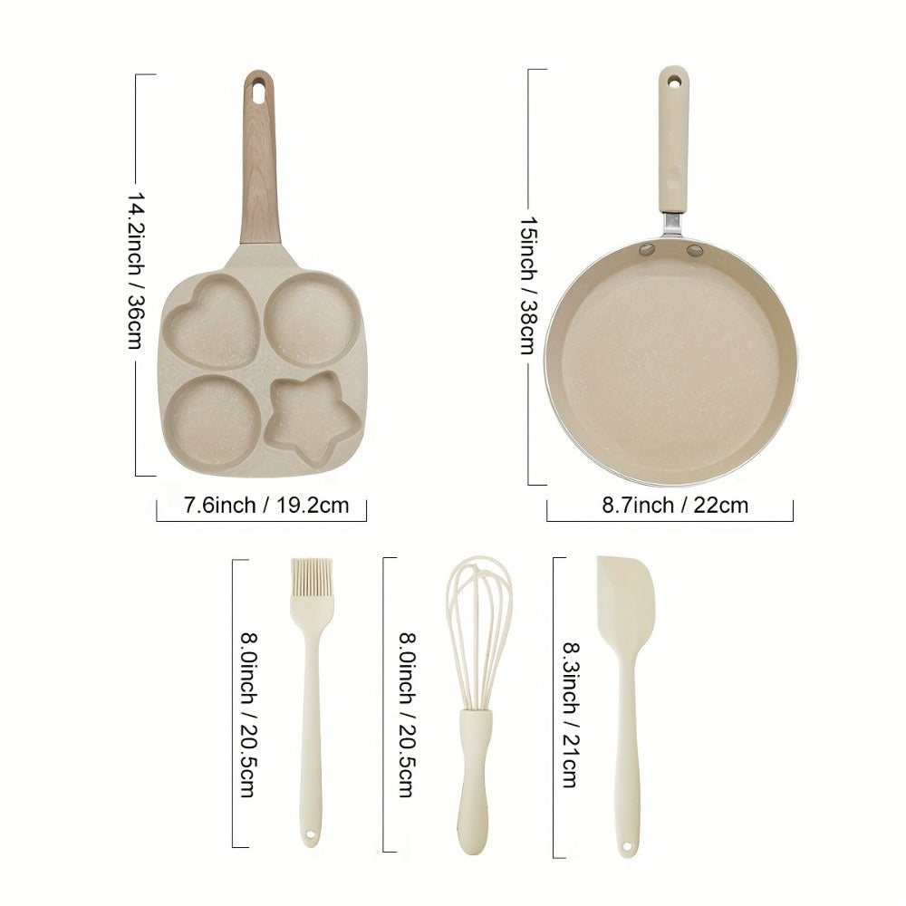 Non-Stick Cookware Set 5-Piece Beige ¨C Pumice Stone Coating Egg Frying Pan Pancake Skillet with Kitchen Utensils | Aluminum Induction Compatible Home Cooking Set for Eggs Pancakes & Breakfast