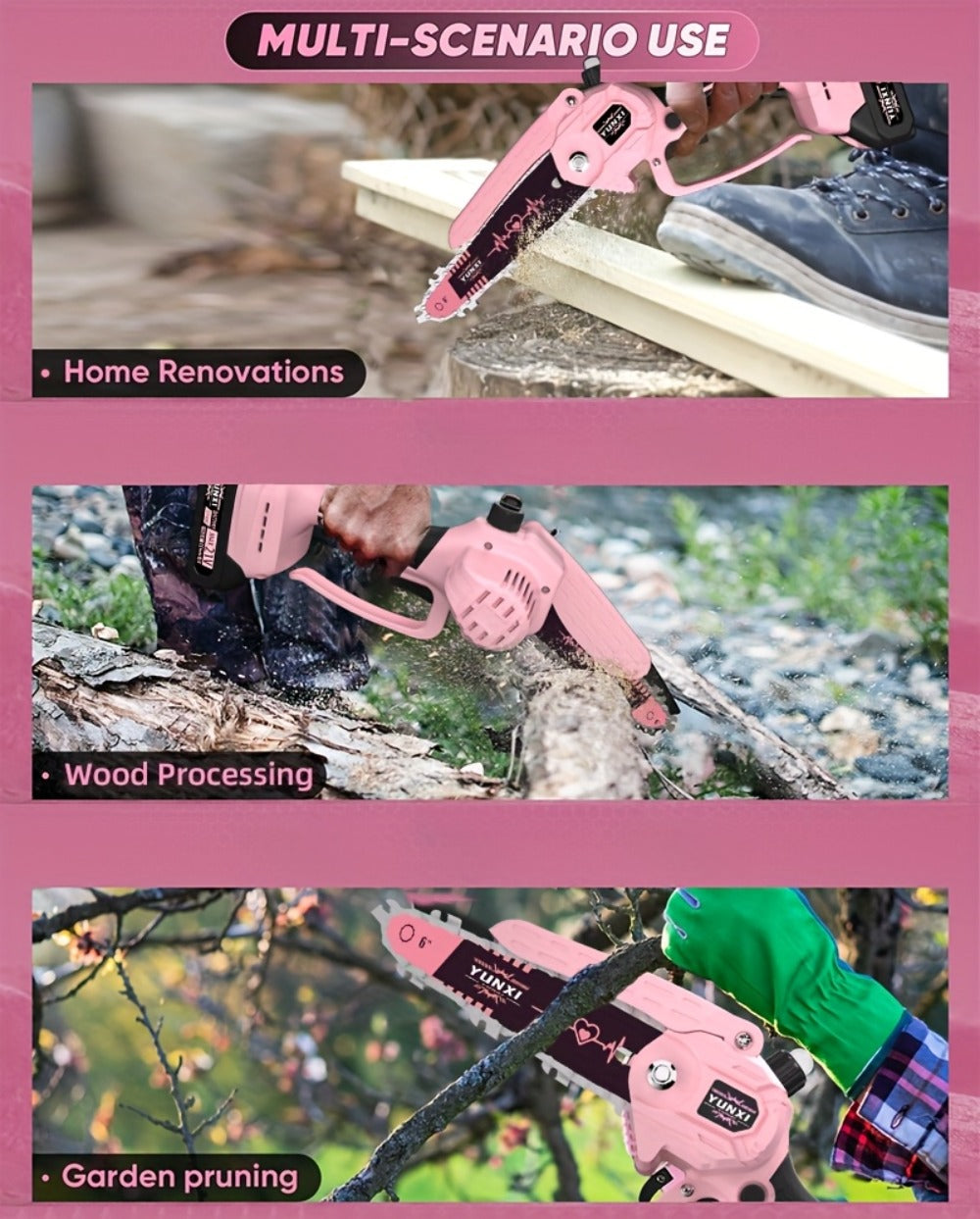 Mini Chainsaw 6 Inch 21V Cordless Battery Powered | Handheld Electric Chain Saw for Tree Branch Trimming Wood Cutting | Lightweight Portable Pruning Saw Pink
