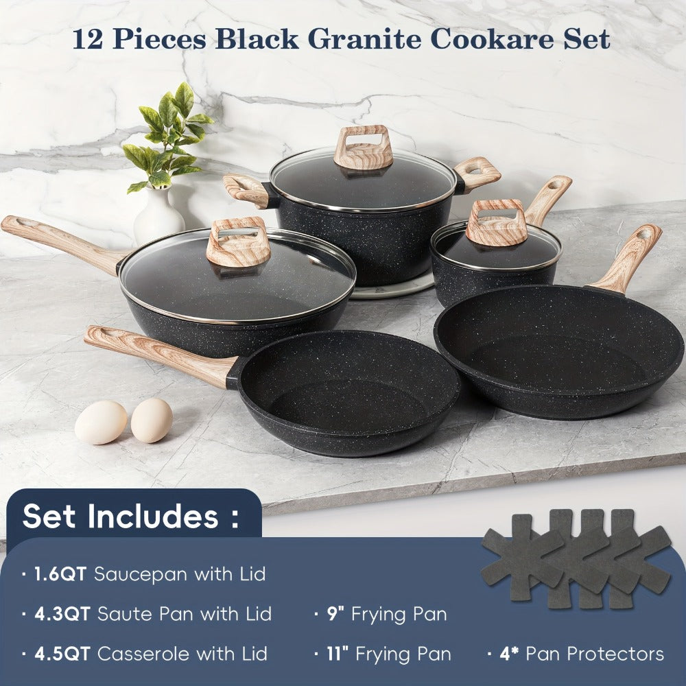 Pots and Pans Set 12-Piece Non-Stick Kitchen Cookware ¨C Complete Cooking Set with Frying Pan | Durable Even-Heating Non-Stick Coating | Available in Black & White | Home Kitchen Essentials