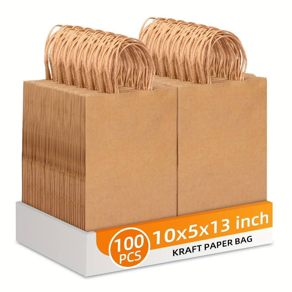 Large Kraft Paper Bags 100pcs 13x10x5 Inch with Handles - 100g Heavy Duty Brown Paper Gift Bags Bulk for Small Business, Shopping, Birthday Party, Wedding, Retail Wrapping & Product Packaging