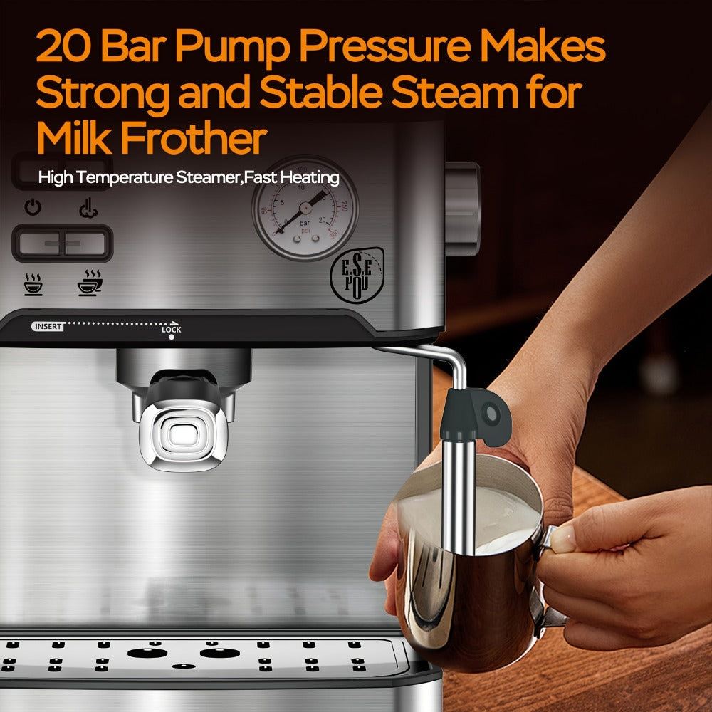 20 Bar Espresso Machine 950W ¨C Stainless Steel Espresso & Cappuccino Latte Maker with Steam Wand Milk Frother, 49.03oz Water Tank, ESE Pod Filter, Home Barista Coffee Machine ¨C Black, Pressure Gauge