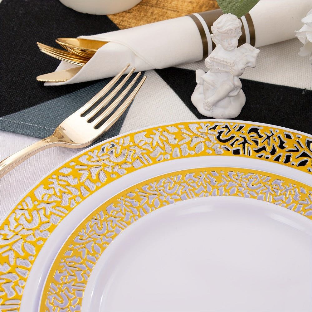 Gold Disposable Dinnerware Set for 50 Guests 350pcs ¨C Includes Dinner Plates, Dessert Plates, 9oz Cups with Gold Rim, Pre-Rolled Napkins & Gold Cutlery | Perfect for Wedding, Party & Holiday Celebration