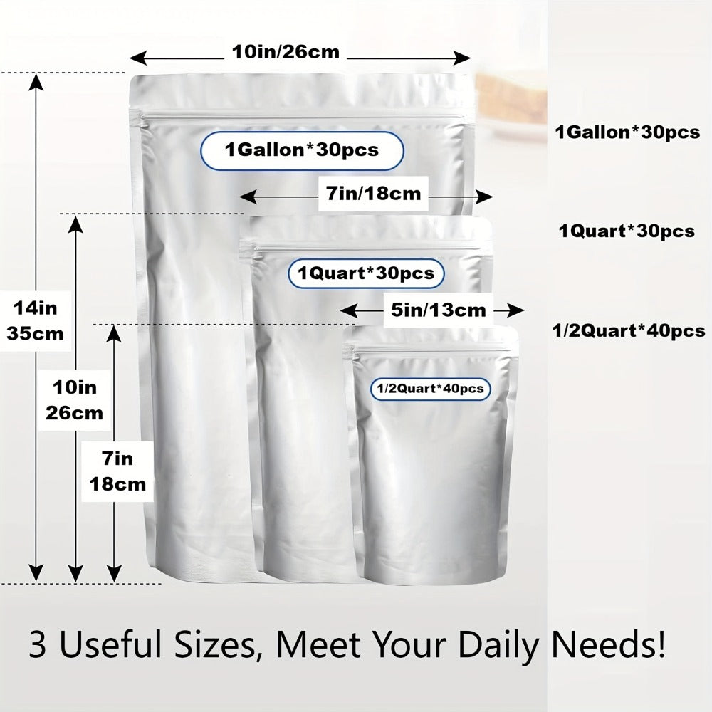Mylar Bags for Food Storage 100 Pack Resealable 3 Sizes 1 Gallon 10 Mil 1 Quart 8 Mil Half Pint 6 Mil Stand Up Airtight Bags for Long Term Food Preservation Prepping Camping