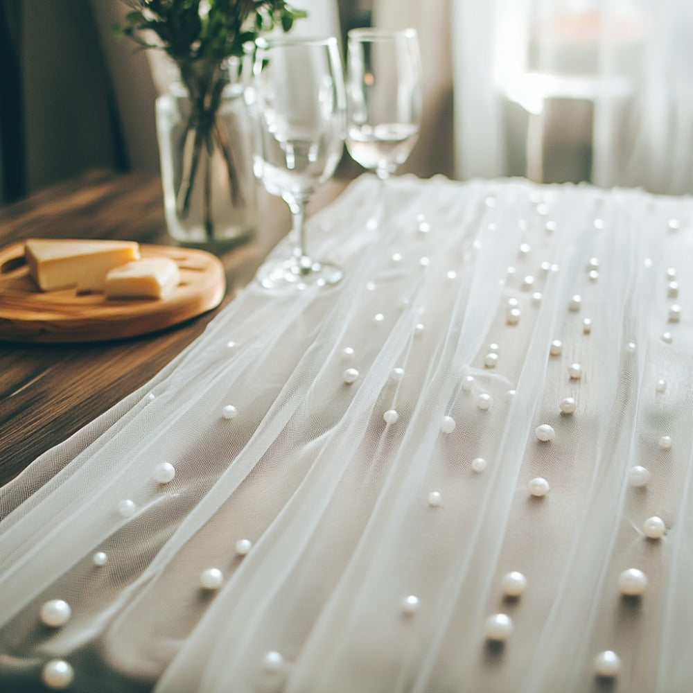 White Pearl Beaded Tulle Table Runner 2.5¡Á9.8ft | Wedding Ceremony Backdrop, Birthday Party & Valentine's Day Romantic Decor, Sheer Mesh Fabric 3PCS
