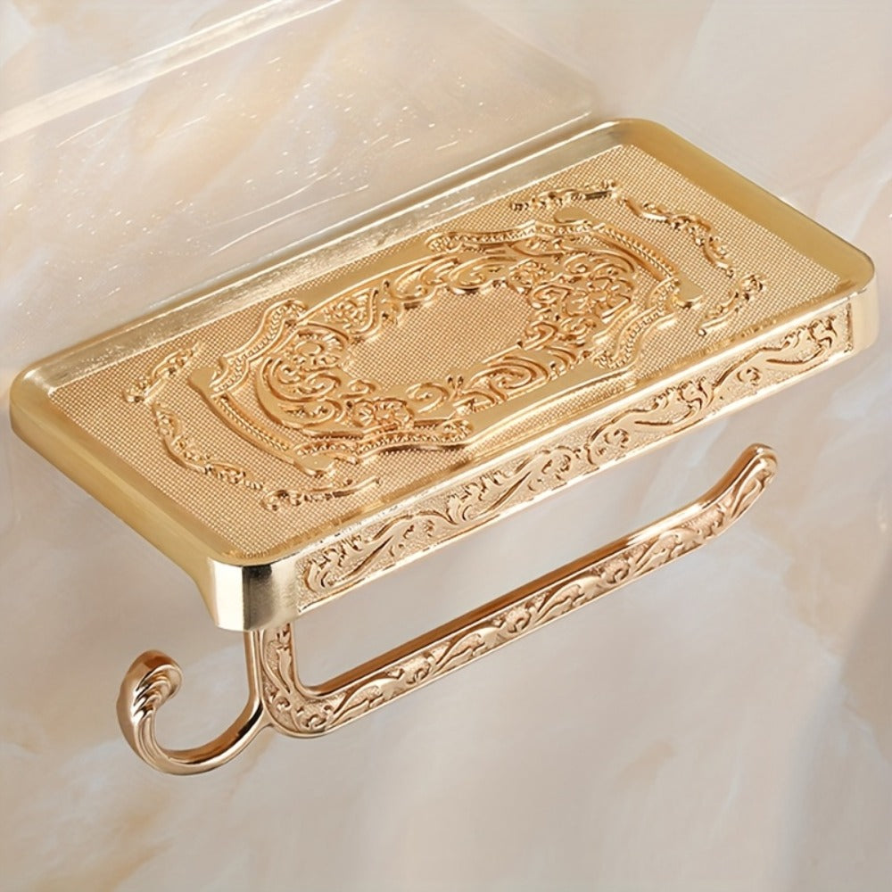 Toilet Paper Holder with Shelf Antique Brass Vintage Wall Mounted - Self-Adhesive No Drill Tissue Roll Dispenser with Storage Ledge, Elegant Bathroom Accessory in Golden & White, 1pc or 2pcs