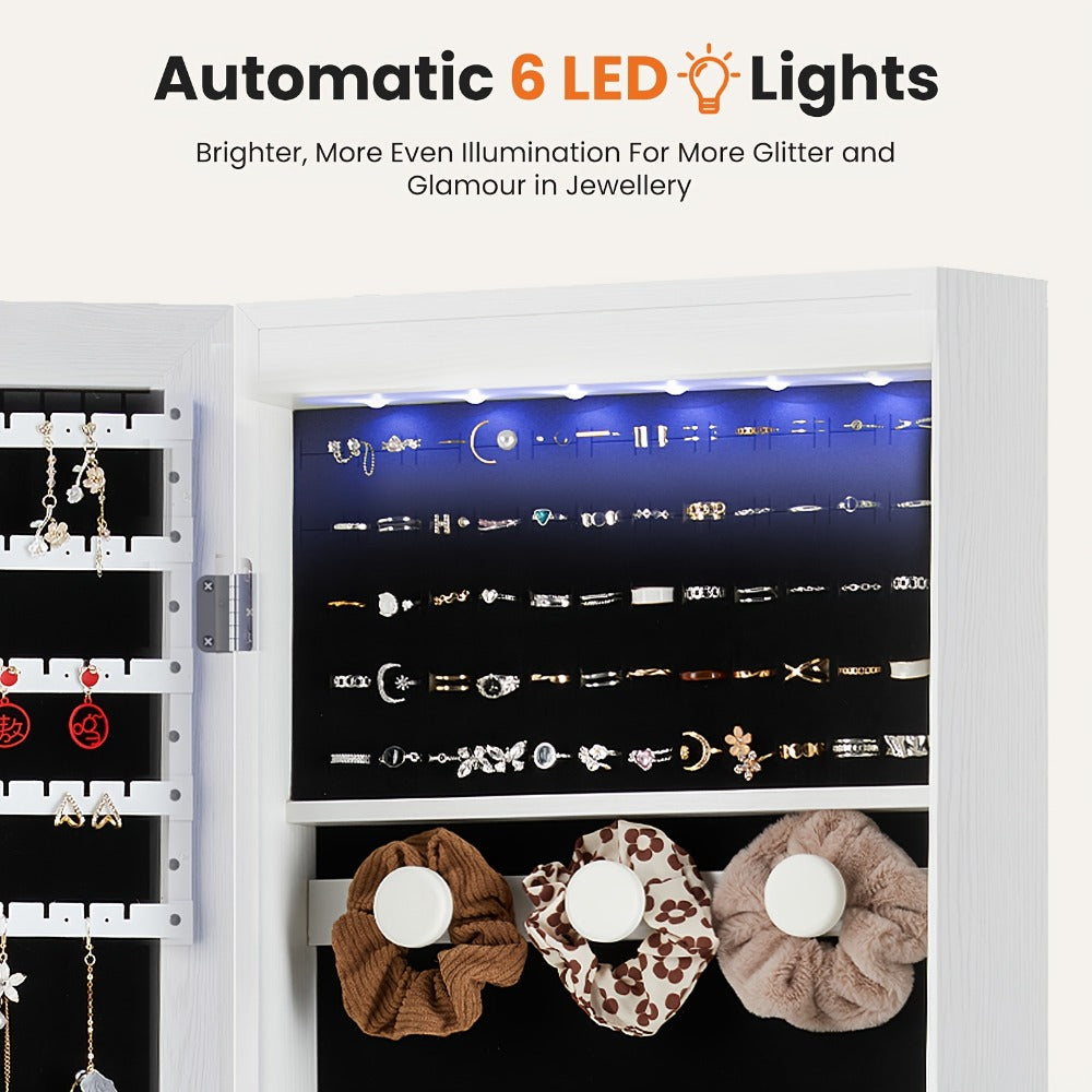 Jewelry Armoire Floor Standing 47.2¡± Full-Length Mirror Cabinet with 6 LED Lights Dual Lock, Jewelry Organizer for Necklaces Earrings Rings Bracelets, Bedroom Closet Storage 4 Colors