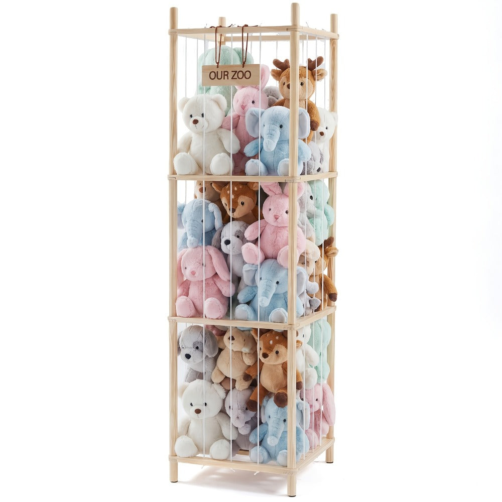 Wooden Stuffed Animal Storage Organizer for Kids Large Plush Toy Holder Zoo Space Saving Display Rack for Playroom Bedroom Nursery Natural White Pink