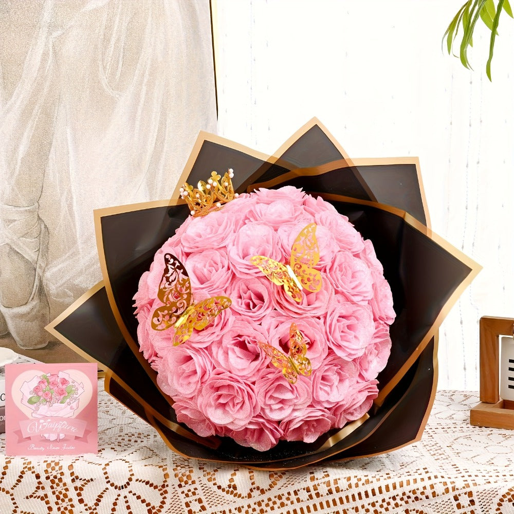 Artificial Rose Bouquet 24 Glitter Roses with 6 Golden Butterflies, Everlasting Shiny Fake Flower Bouquet for Wedding, Anniversary, Engagement & Home Decor | Purple, Red, Pink, Blue