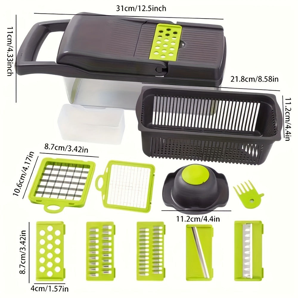 Vegetable Chopper 16-in-1 Manual Food Chopper Set ¨C 8 Stainless Steel Blades, 304 Container, Peeler & Filter | Onion, Garlic & Carrot Slicer Dicer | Professional Kitchen Meal Prep Tool
