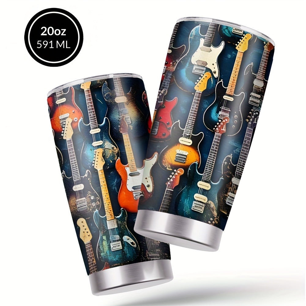 Insulated Tumbler 20oz Guitar Pattern Stainless Steel Travel Mug with Lid and Straw Double Wall Vacuum Coffee Cup Water Bottle for Hot Cold Drinks Gift for Music Lover Birthday Graduation Valentine White