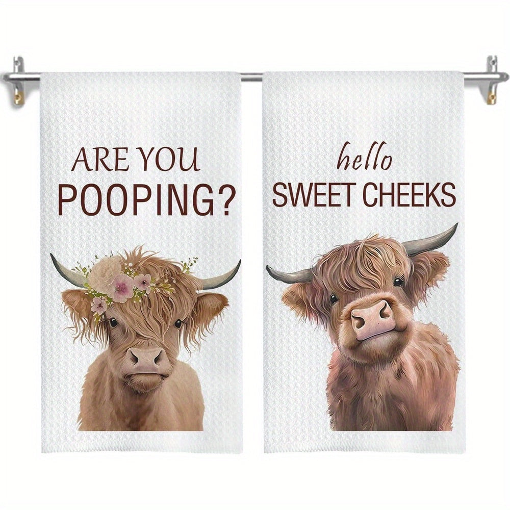 Highland Cow Hand Towels Set of 2 Funny Farmhouse Bathroom Decor Hello Sweet Cheeks Absorbent Kitchen Towel 16x24 Inch Washroom Gift