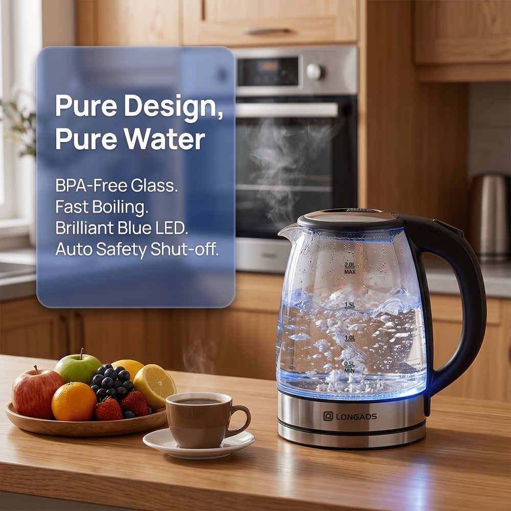 Glass Electric Kettle 2L Large Capacity ¨C 1000W Fast Boil, Anti-Dry Burn Protection, See-Through Design for Coffee Milk Tea, Kitchen Dining Room Living Room Use, 67.63oz