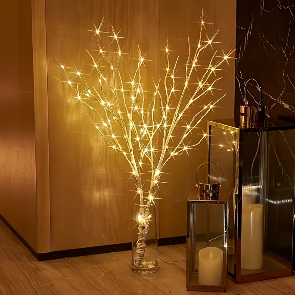Birch Branch Lights Set of 2, Artificial Luminous Birch Tree Branches with Green Leaves & LED Fairy Lights ¡ª Battery Powered Indoor Decor for Christmas, New Year, Home & Reading Nook