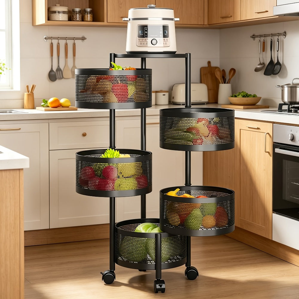 Rolling Storage Cart with Wheels 5-Tier 360¡ã Rotating Kitchen Organizer Basket, No Assembly Space-Saving Floor Standing Bin for Kitchen Pantry Bathroom Bedroom Fruits Vegetables Home Organization