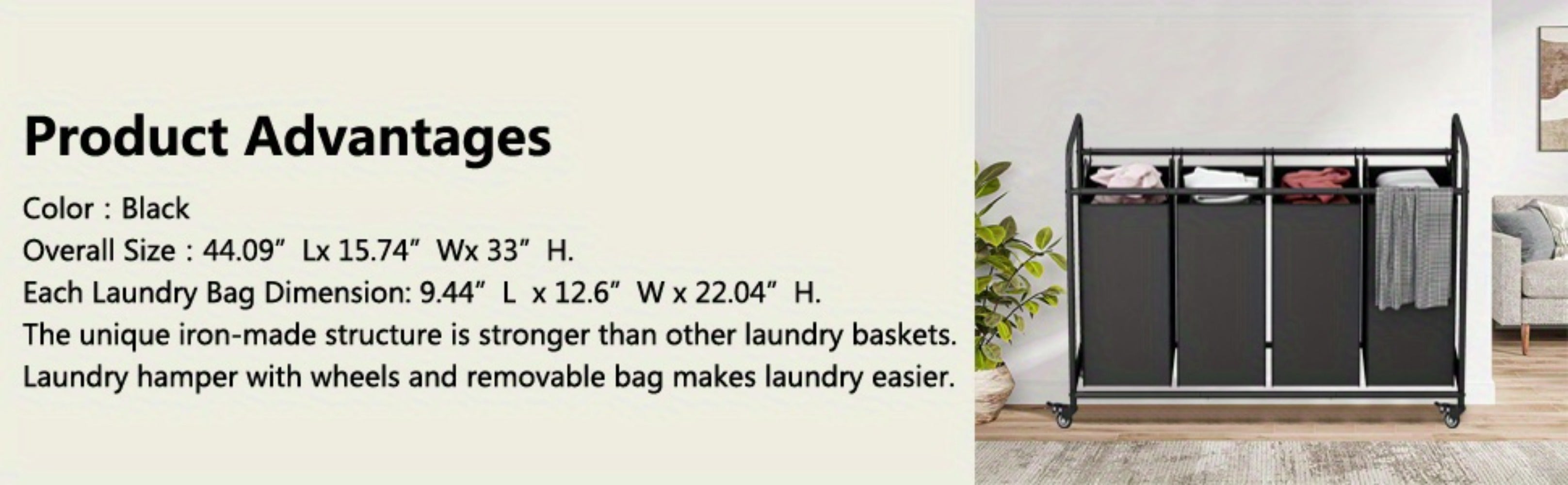 Laundry Hamper Cart with 4-Bag Sorter, Heavy-Duty Rolling Lockable Wheels & Removable Bags ¡ª Laundry Basket Organizer for Bedroom, Bathroom & Laundry Room | Beige, Gray, Black, Assorted